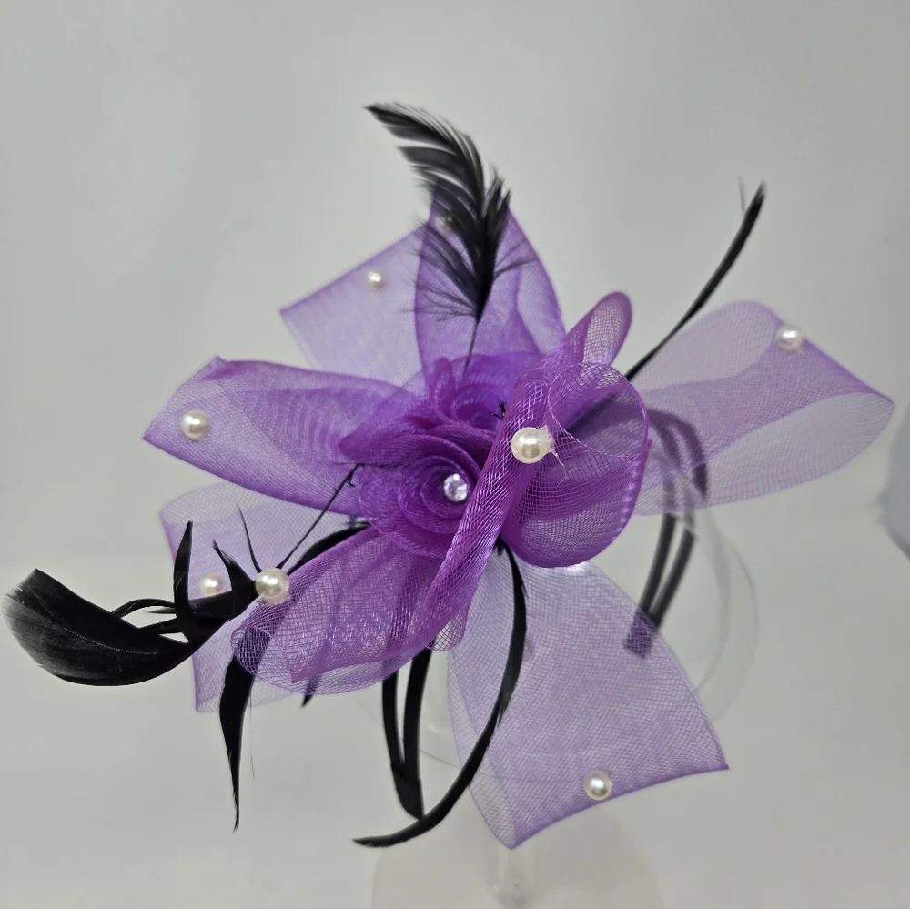 HANDMADE VINTAGE FASCINATOR HEADBAND BLACK & PURPLE KENTUCKY DERBY WOMEN OS